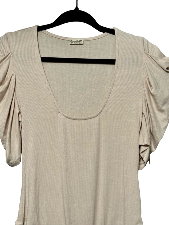 Free People So Fresh Shirred Puff Sleeve Ribbed Bodysuit in Dust Storm Large - Picture 4 of 13